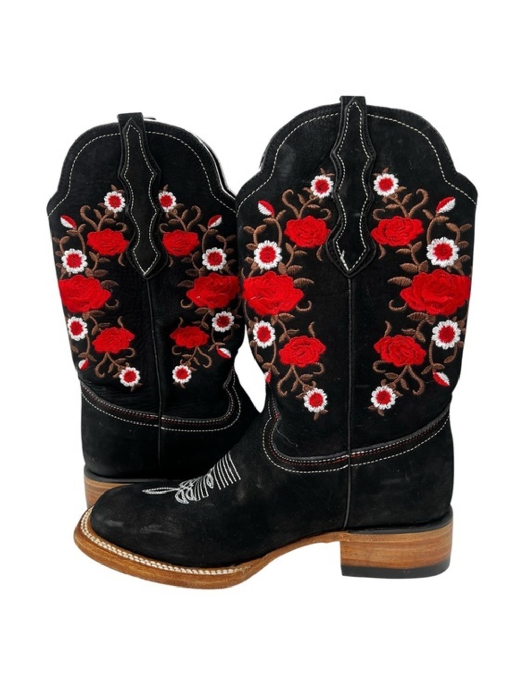 Black Diamond Suede Western Boots with Red Floral Embroidery